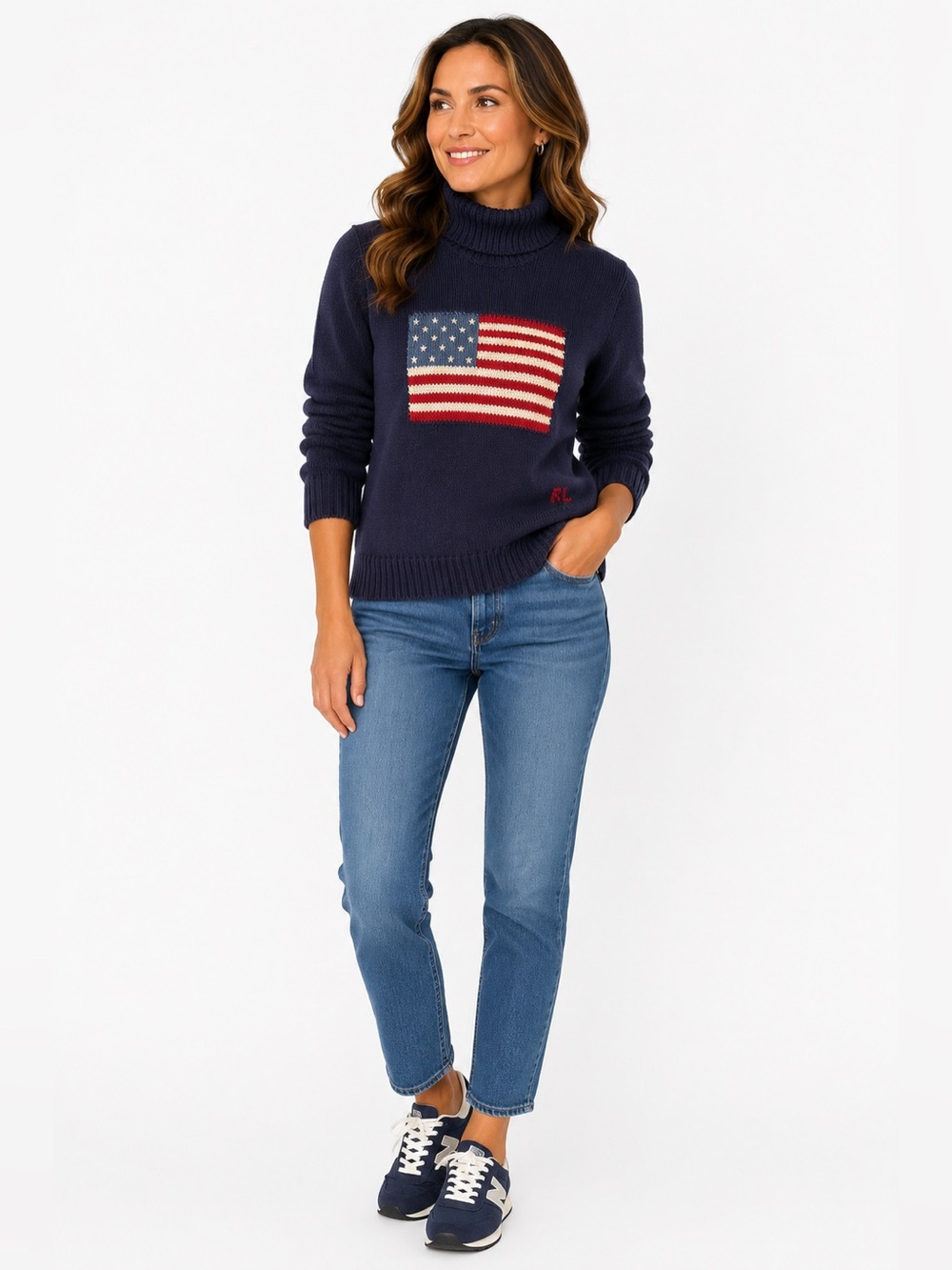 Ralph Lauren Sport American Flag Turtleneck Sweater Navy 100% Cotton Size Medium